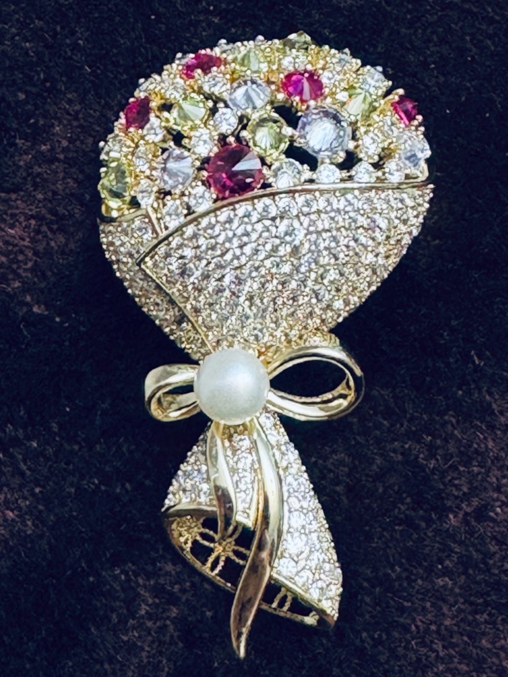 Gold-tone Floral Brooch with Pearl and Multicolor Stones